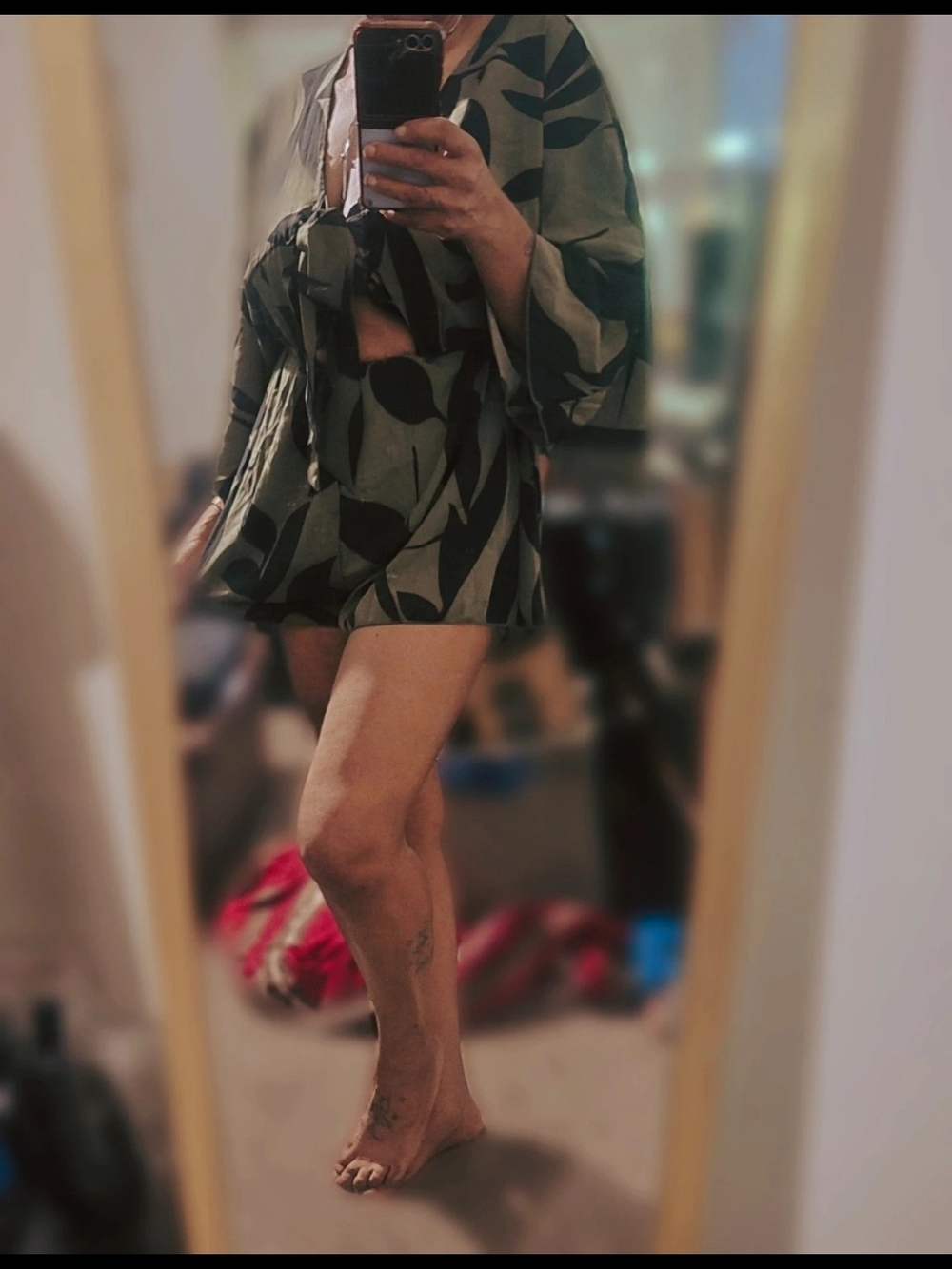 Printed Olive Green Tie-Waist Romper
